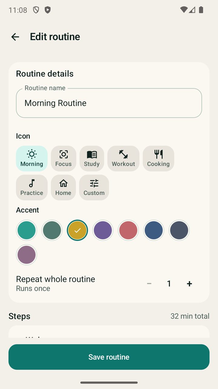 Rutixer editor for Morning Routine with icon, accent, and numbered steps.