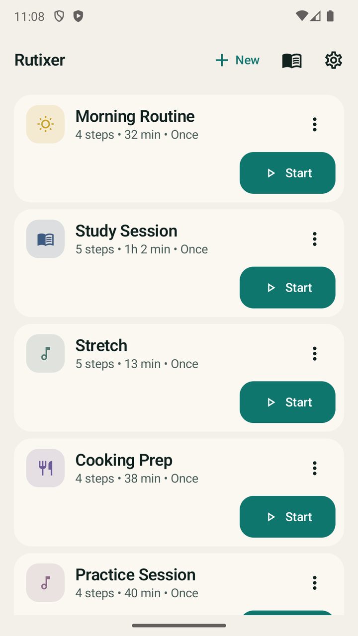 Rutixer home screen showing routines such as Morning Routine and Study Session, each with a Start button.